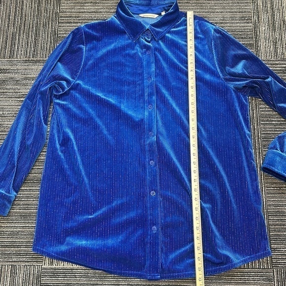 LUX SOFT SURROUNDINGS BLUE VELVET Thin Metallic Stripes Long Sleeve Shirt - Picture 11 of 11